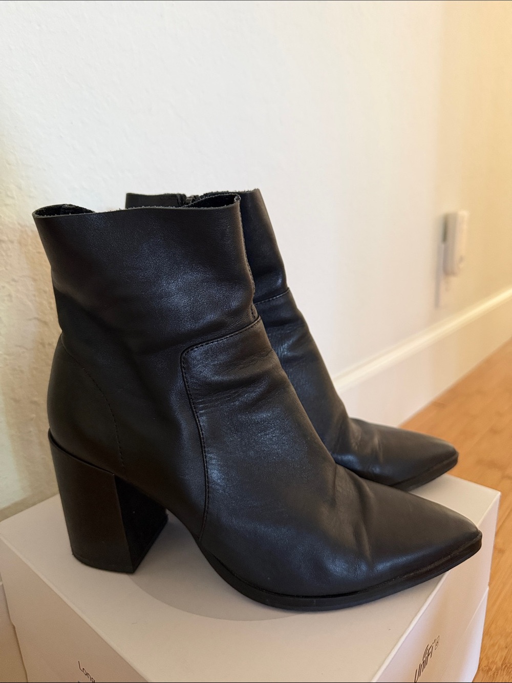 Tony Bianco Women's Black Leather Pointed Toe Block Heel Ankle Boots